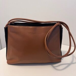 Derek Alexander Rare Vintage Double Straps Shoulder Bag Brown Black Trim Leather